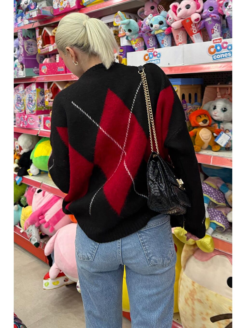 Siyah Bisiklet Yaka Baklava Desen Kadın Kazak Mg2471-2