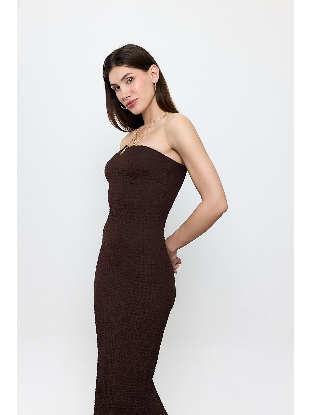 Kahverengi Straplez Bürümcük Maxi Elbise-2