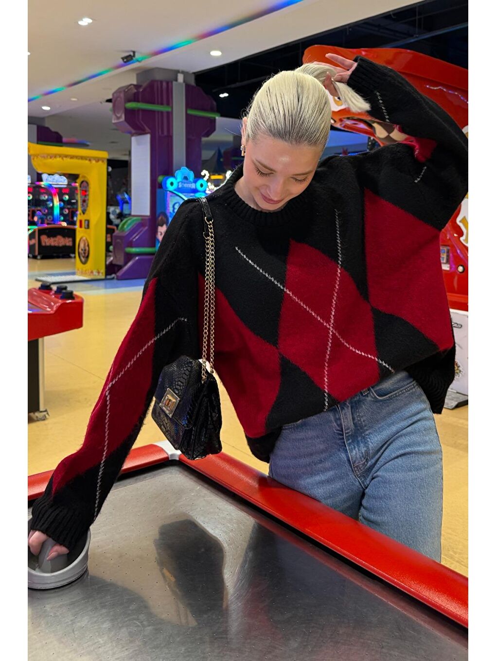 Siyah Bisiklet Yaka Baklava Desen Kadın Kazak Mg2471-3