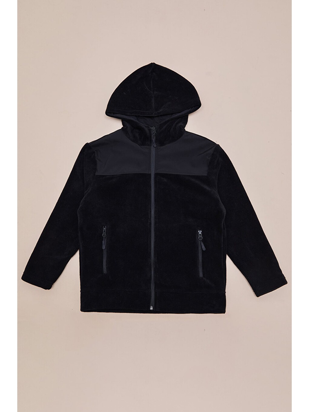 Siyah Paraşüt Kumaş Detaylı Kapüşonlu Polar Erkek Çocuk Sweatshirt-2