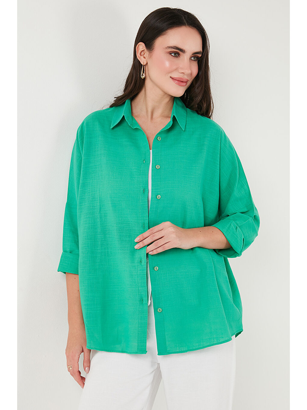 Yeşil Streç Pamuklu Oversize Fit 2' li Paket Gömlek-Atlet Set 67810014979S2-1