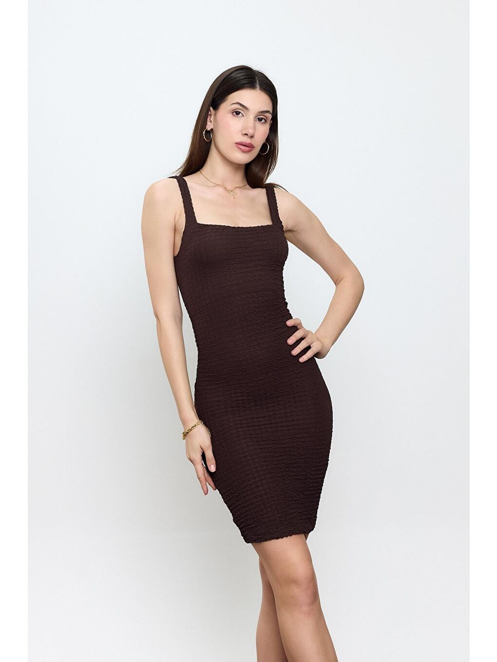 Kahverengi Askılı Bürümcük Elbise-2