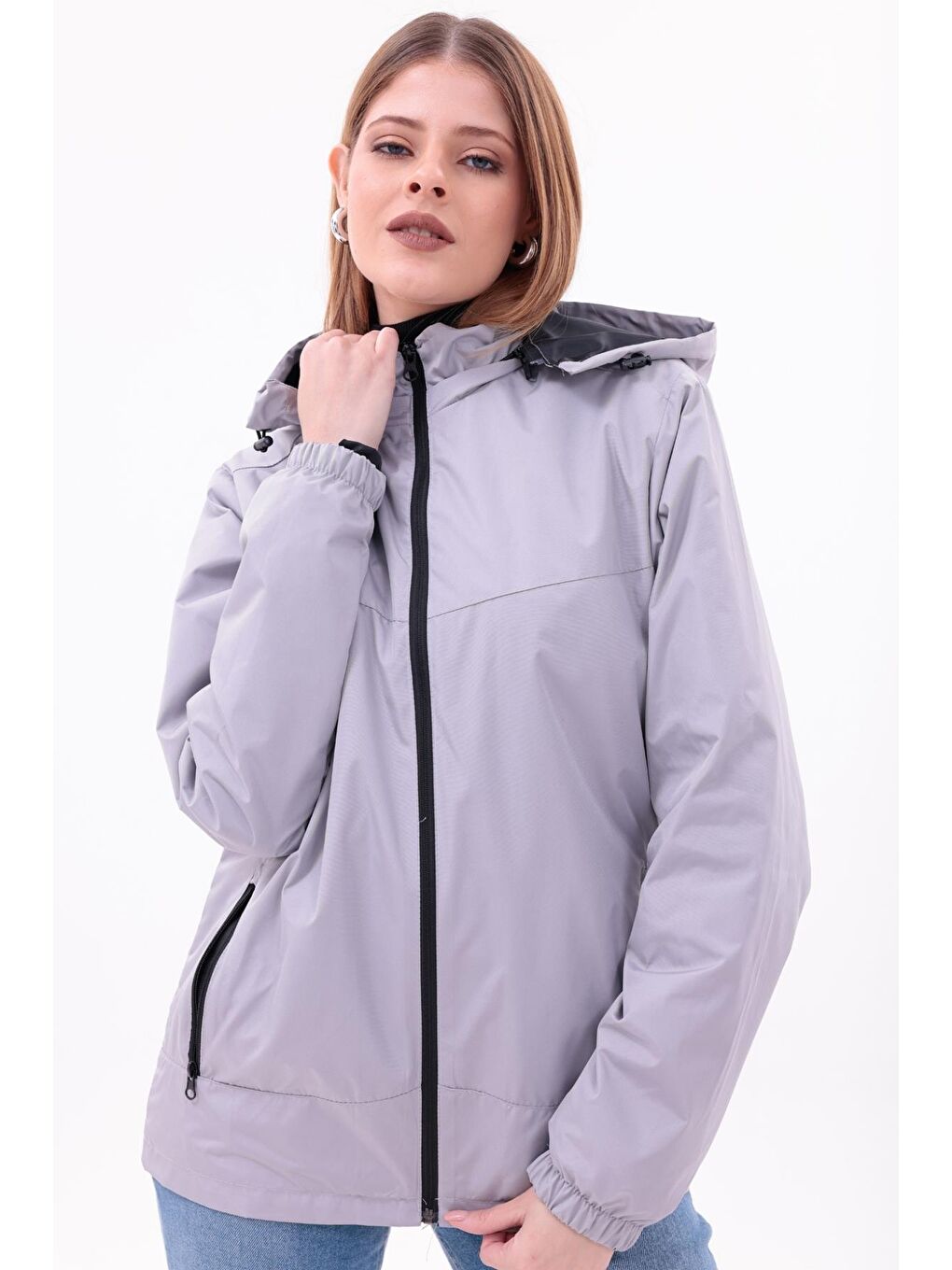 Bej Kadın Çıkarılabilir Kapüşonlu Yağmurluk