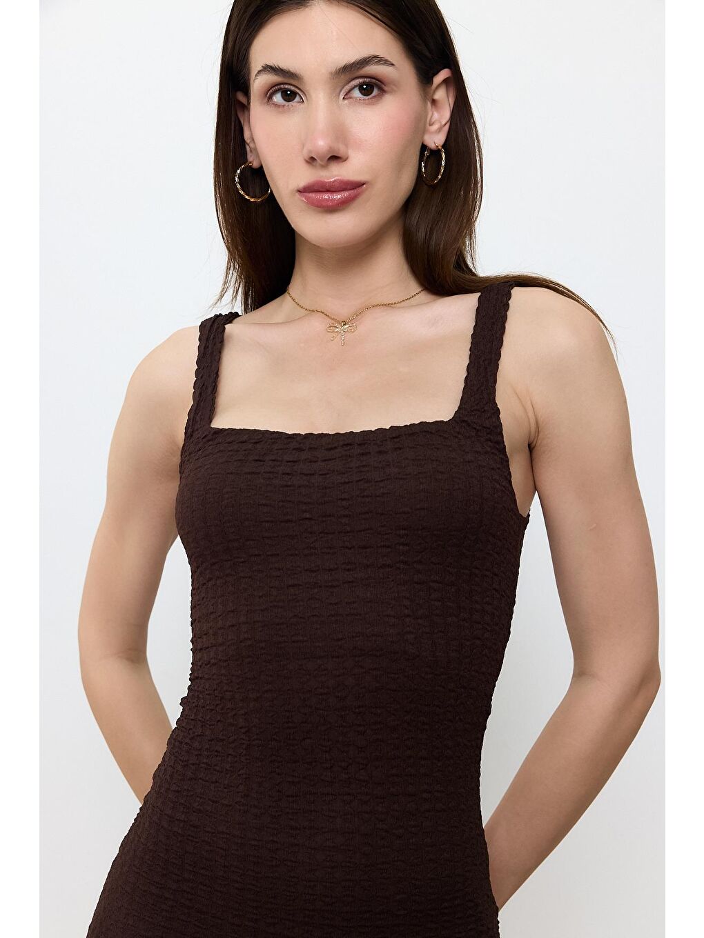 Kahverengi Askılı Bürümcük Elbise-3