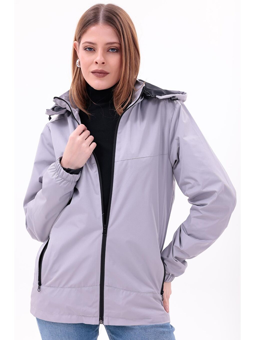 Bej Kadın Çıkarılabilir Kapüşonlu Yağmurluk-1