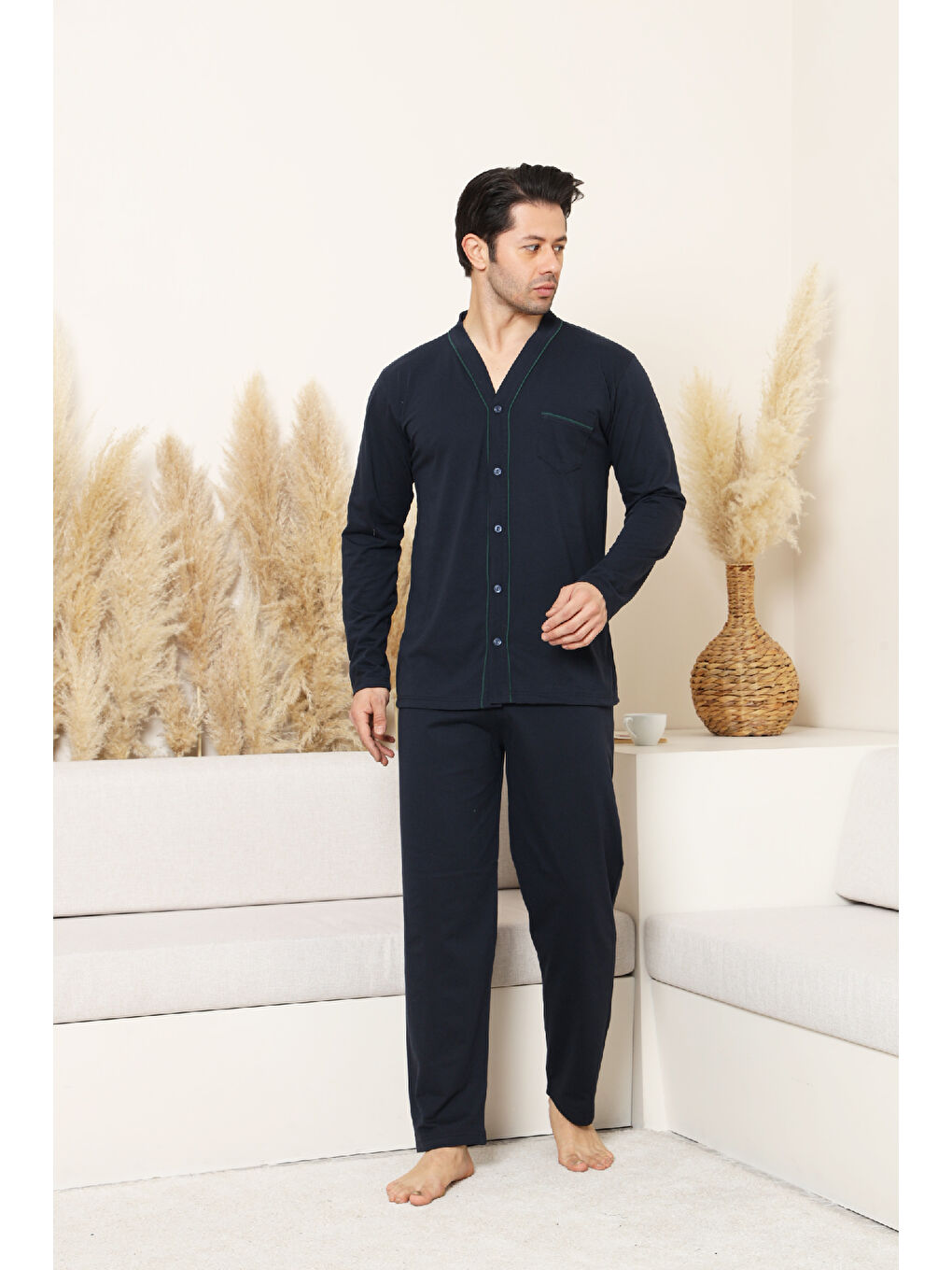 Lacivert Erkek %100 Pamuklu Boydan Düğmeli Pijama Takımı 12480