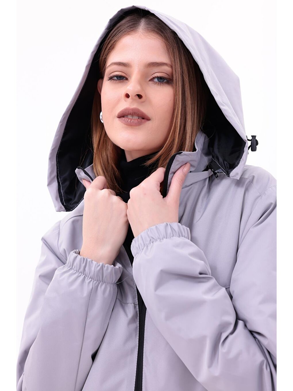 Bej Kadın Çıkarılabilir Kapüşonlu Yağmurluk-3