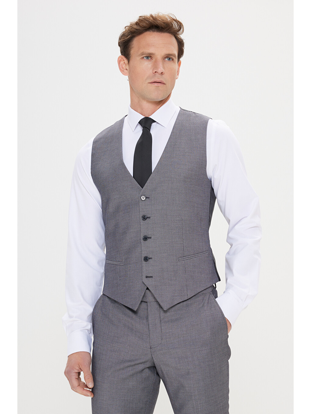 Erkek Gri-siyah Slim Fit Kırlangıç Yaka Desenli Yelekli Takım Elbise-4