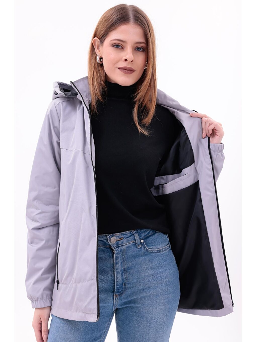 Bej Kadın Çıkarılabilir Kapüşonlu Yağmurluk-4