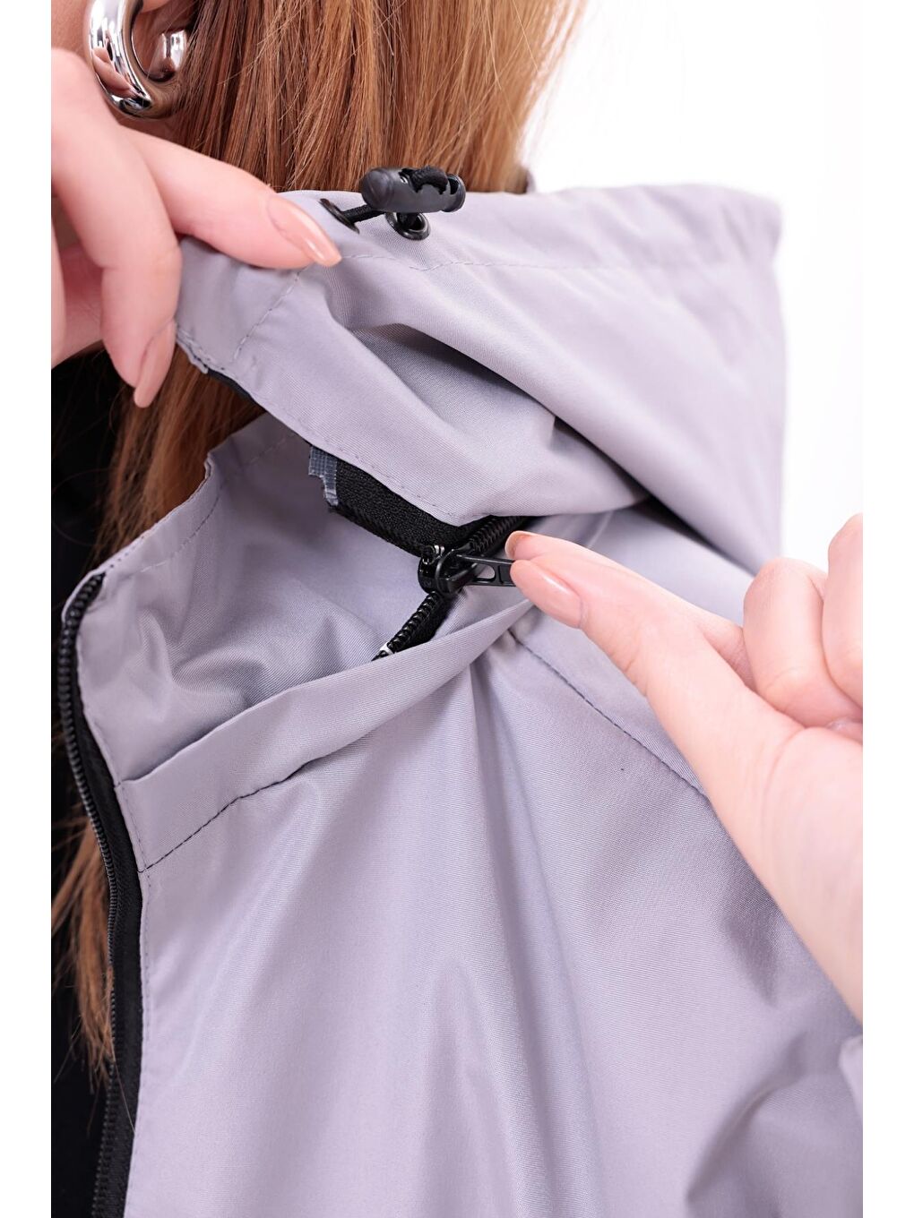 Bej Kadın Çıkarılabilir Kapüşonlu Yağmurluk-5