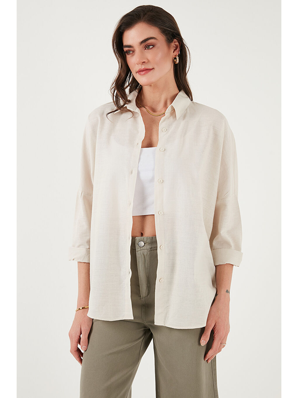 Bej Streç Pamuklu Oversize Fit 2' li Paket Gömlek-Atlet Set 67810014979S2-2