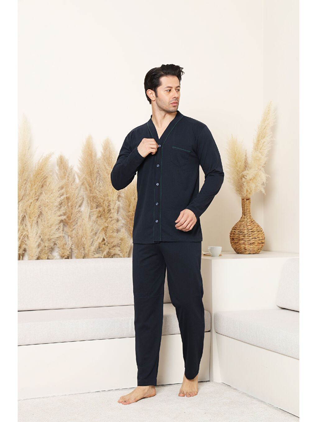 Lacivert Erkek %100 Pamuklu Boydan Düğmeli Pijama Takımı 12480-1