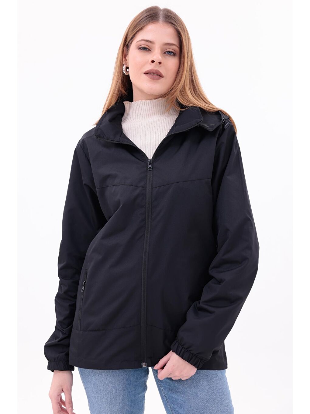 Siyah Kadın Çıkarılabilir Kapüşonlu Yağmurluk