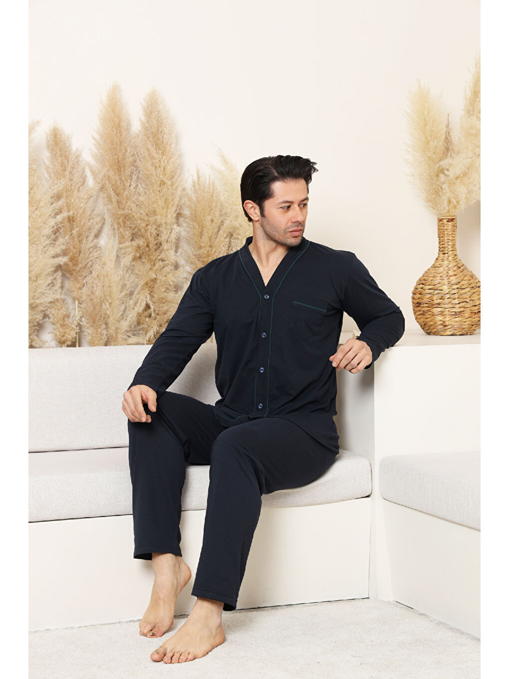 Lacivert Erkek %100 Pamuklu Boydan Düğmeli Pijama Takımı 12480-2