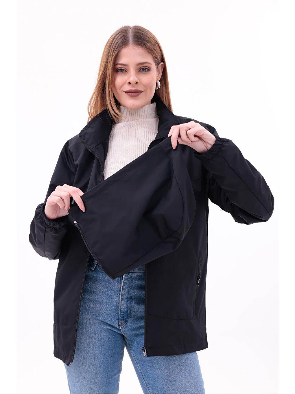 Siyah Kadın Çıkarılabilir Kapüşonlu Yağmurluk-1