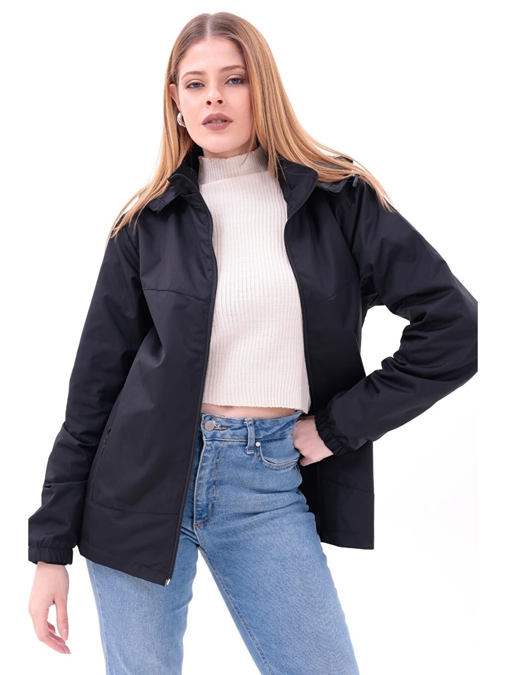 Siyah Kadın Çıkarılabilir Kapüşonlu Yağmurluk-2