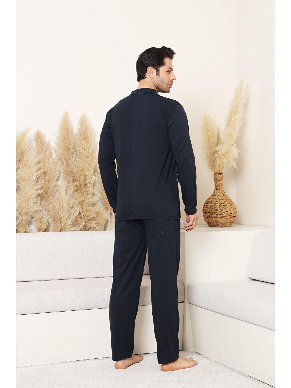 Lacivert Erkek %100 Pamuklu Boydan Düğmeli Pijama Takımı 12480-3