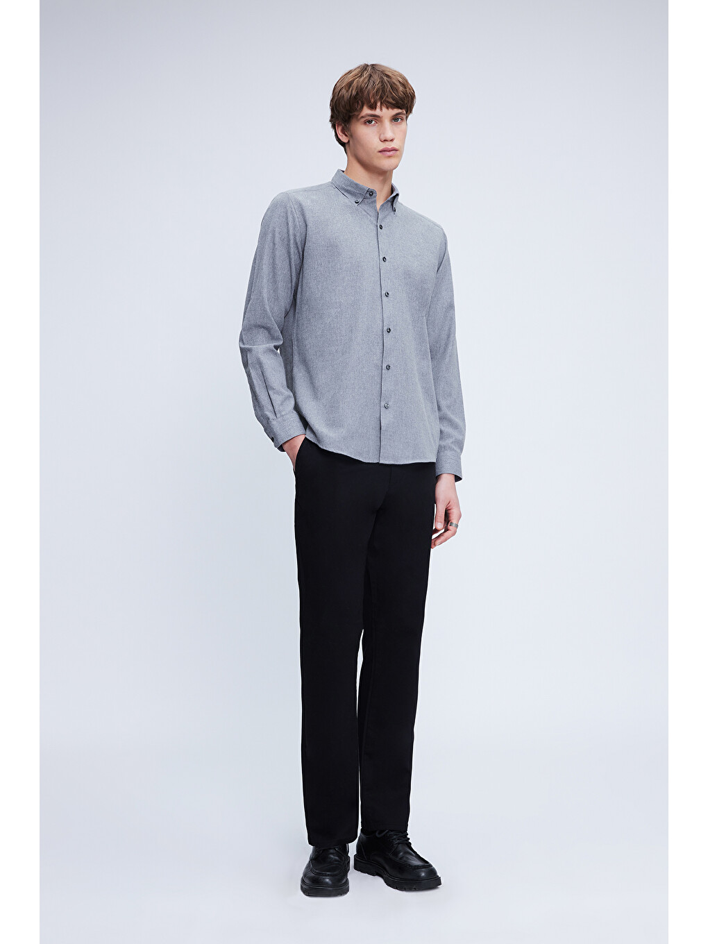 Gri Slim Fit Uzun Kol Düğmeli Yaka Pamuklu Flanel Gömlek-1