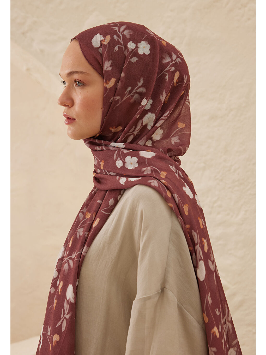 Kahverengi Soft Flowers  Desen Rami Şal Ağaç Kabuğu-1