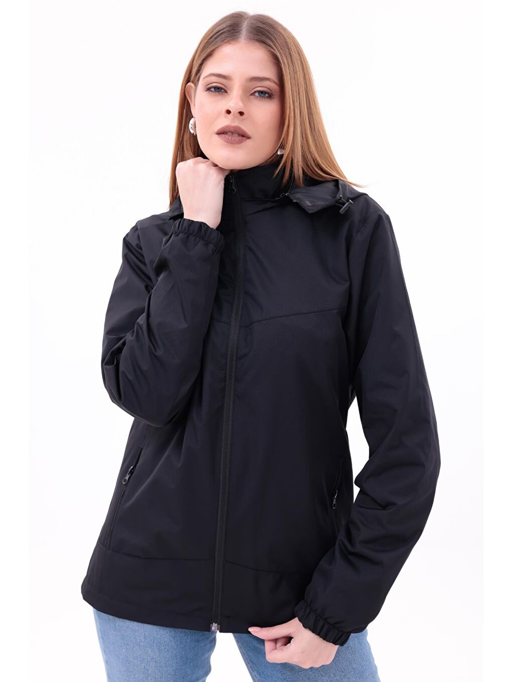 Siyah Kadın Çıkarılabilir Kapüşonlu Yağmurluk-3