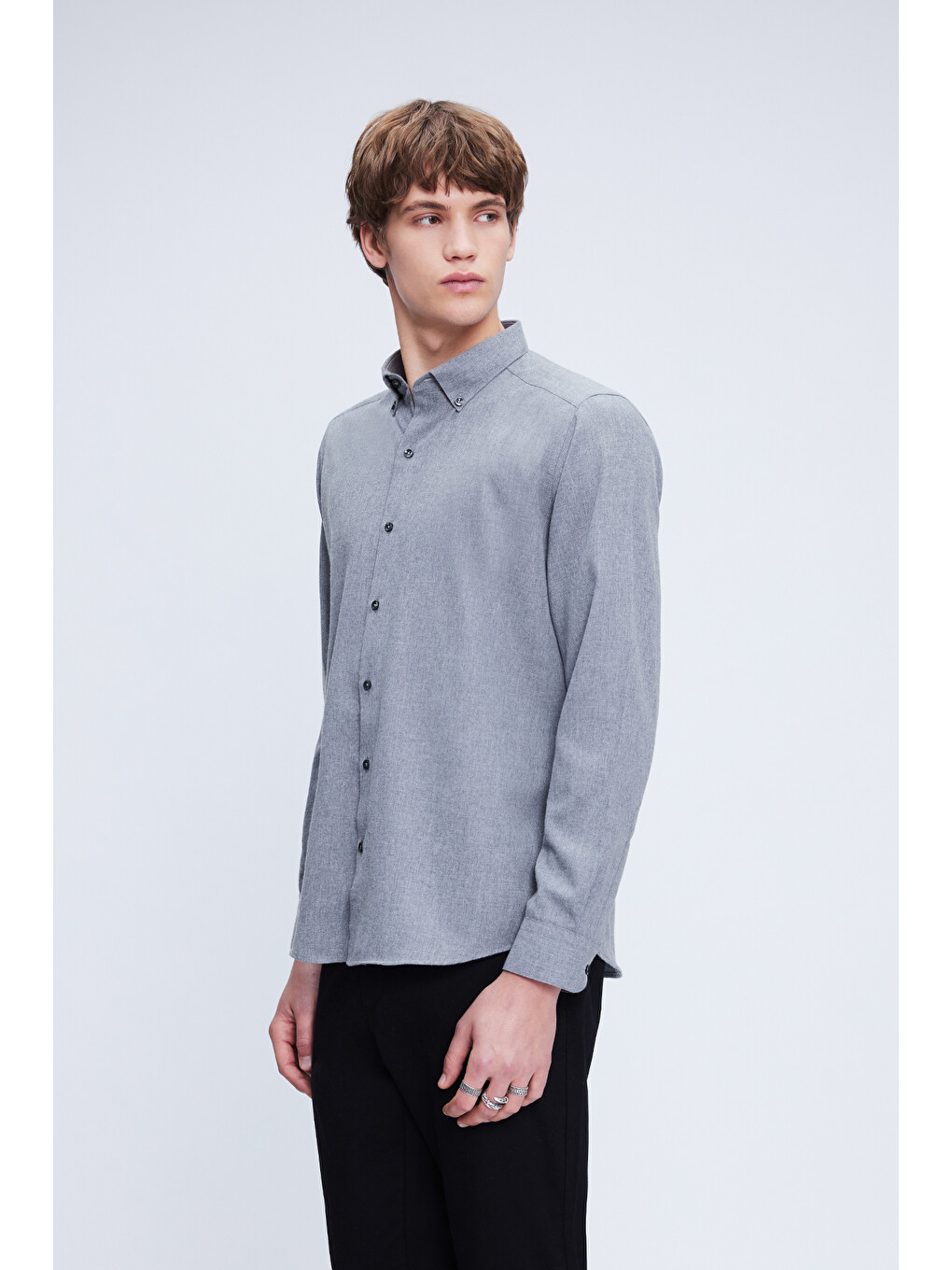 Gri Slim Fit Uzun Kol Düğmeli Yaka Pamuklu Flanel Gömlek-2