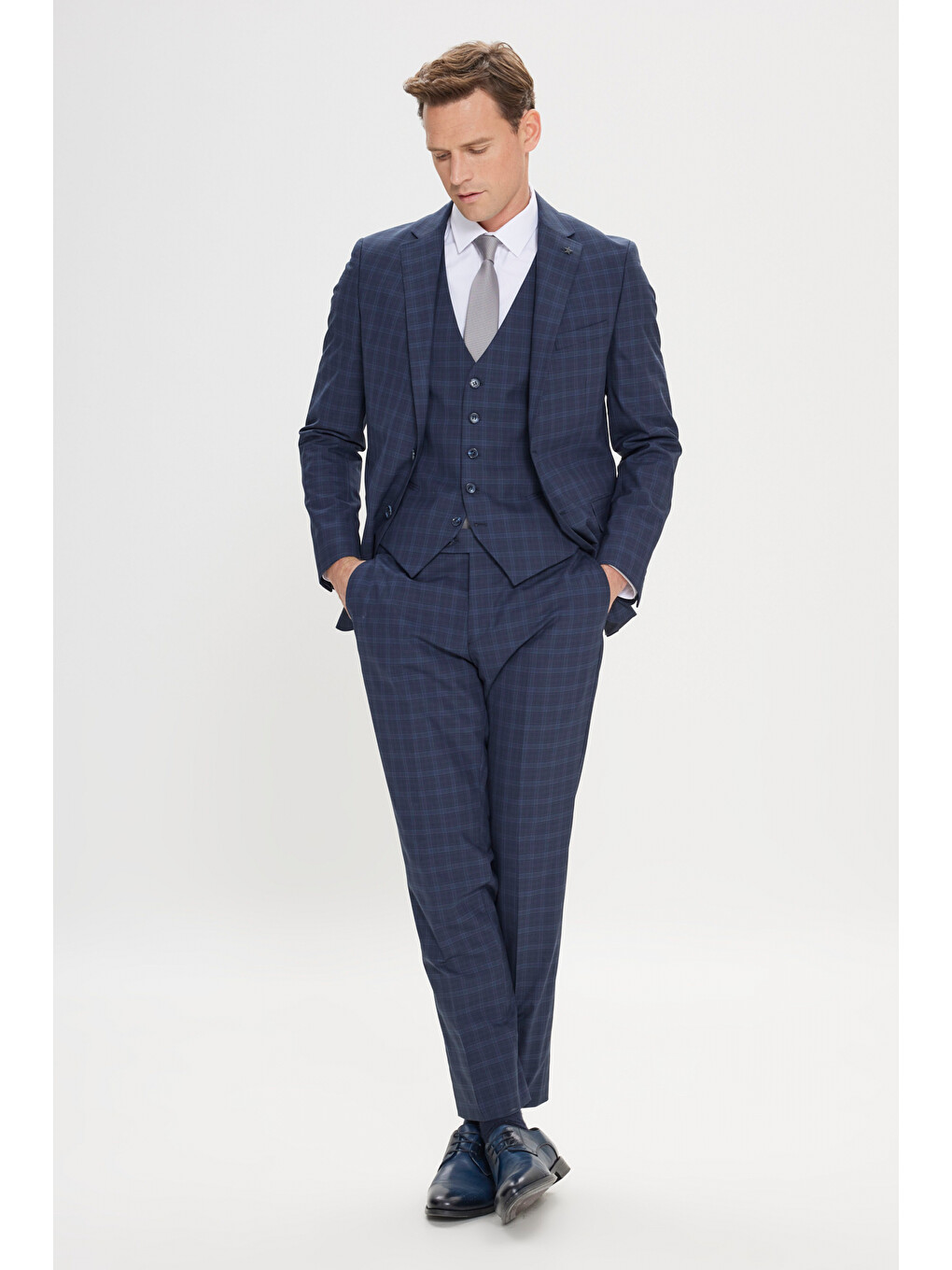 Erkek Lacivert Slim Fit Mono Yaka Kareli Kapak Cepli Yelekli Takım Elbise-1