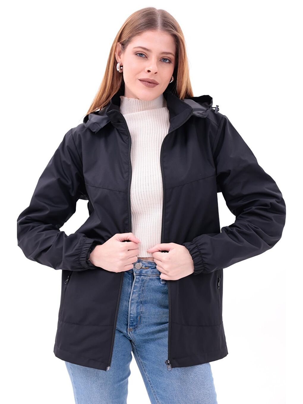Siyah Kadın Çıkarılabilir Kapüşonlu Yağmurluk-4