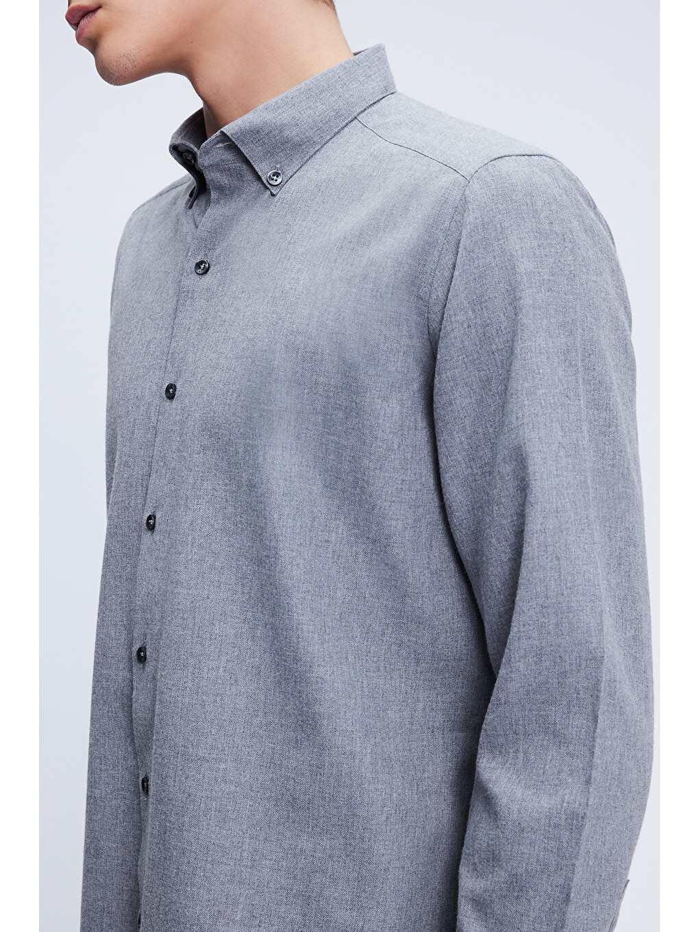 Gri Slim Fit Uzun Kol Düğmeli Yaka Pamuklu Flanel Gömlek-3