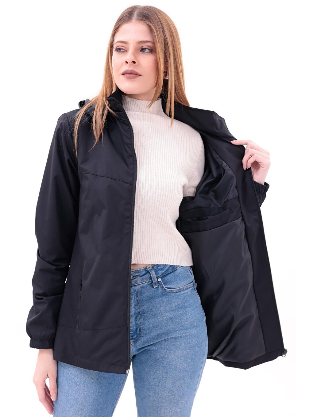 Siyah Kadın Çıkarılabilir Kapüşonlu Yağmurluk-5