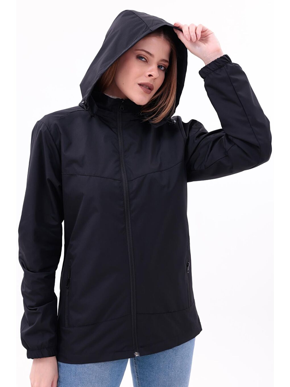 Siyah Kadın Çıkarılabilir Kapüşonlu Yağmurluk-6