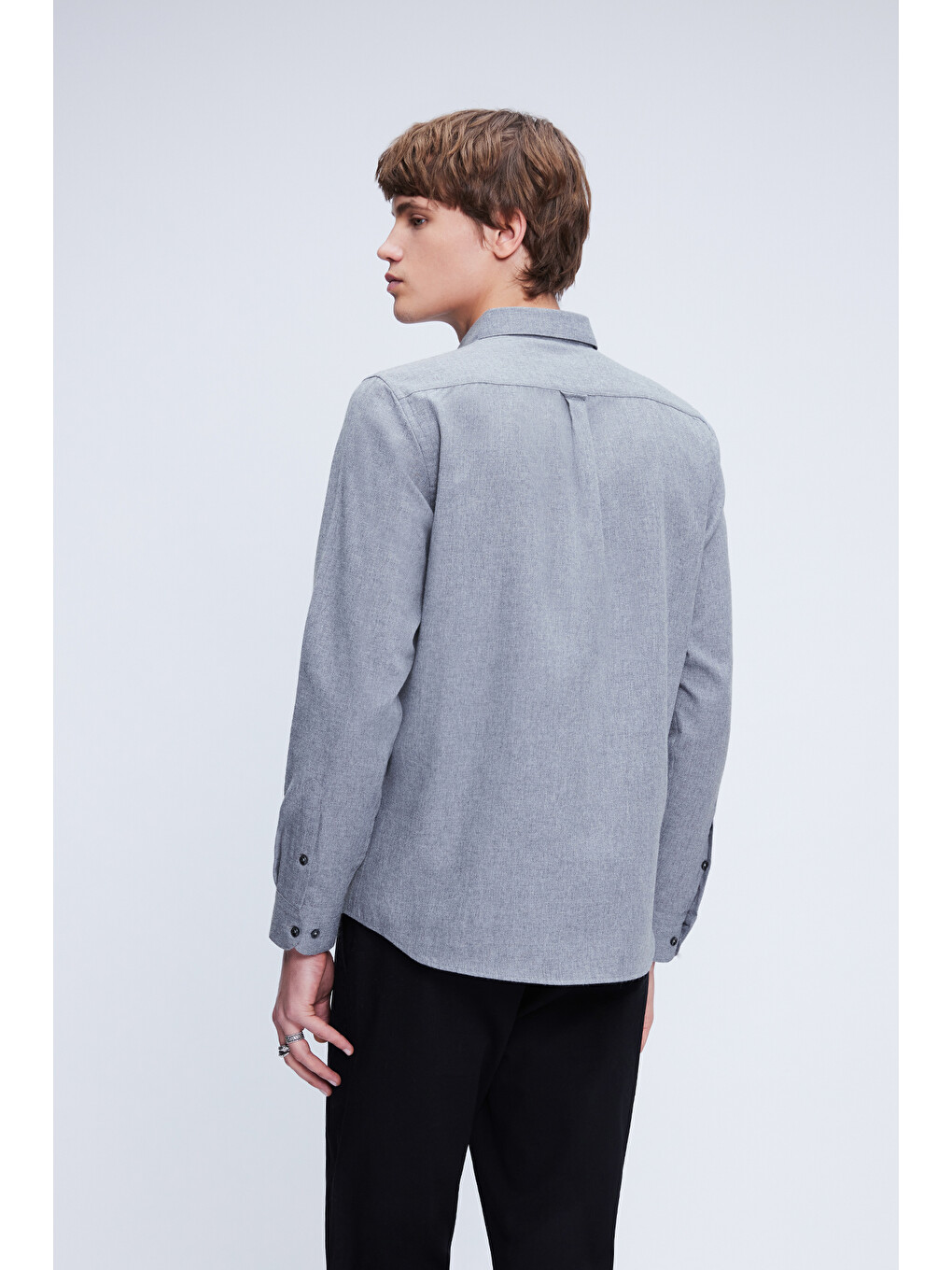 Gri Slim Fit Uzun Kol Düğmeli Yaka Pamuklu Flanel Gömlek-4