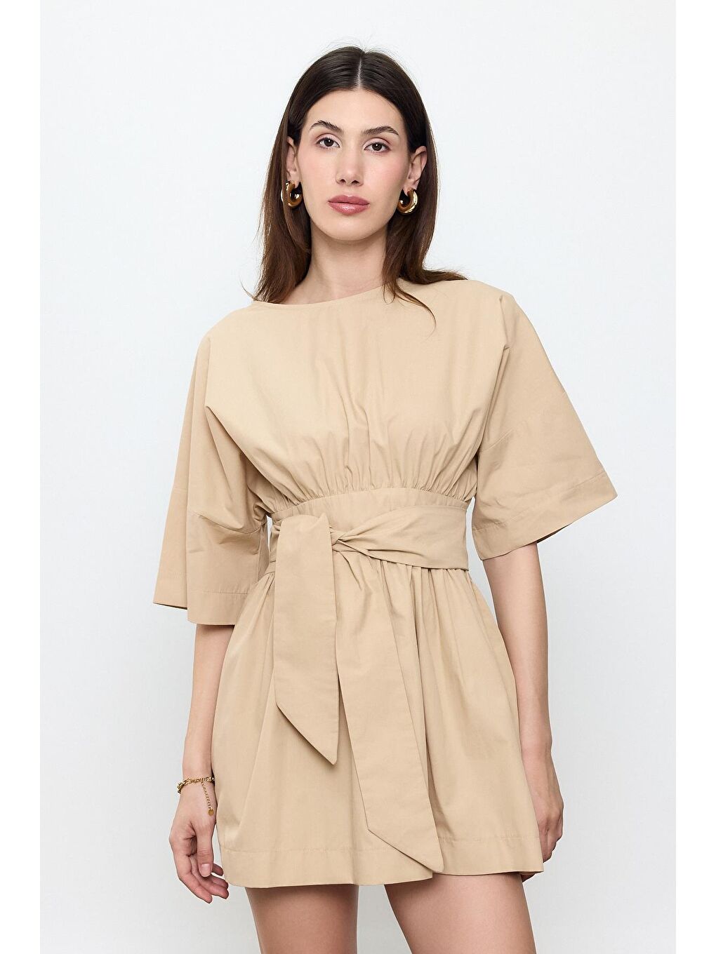 Bej %100 Pamuk Beli Kemerli Mini Elbise-1