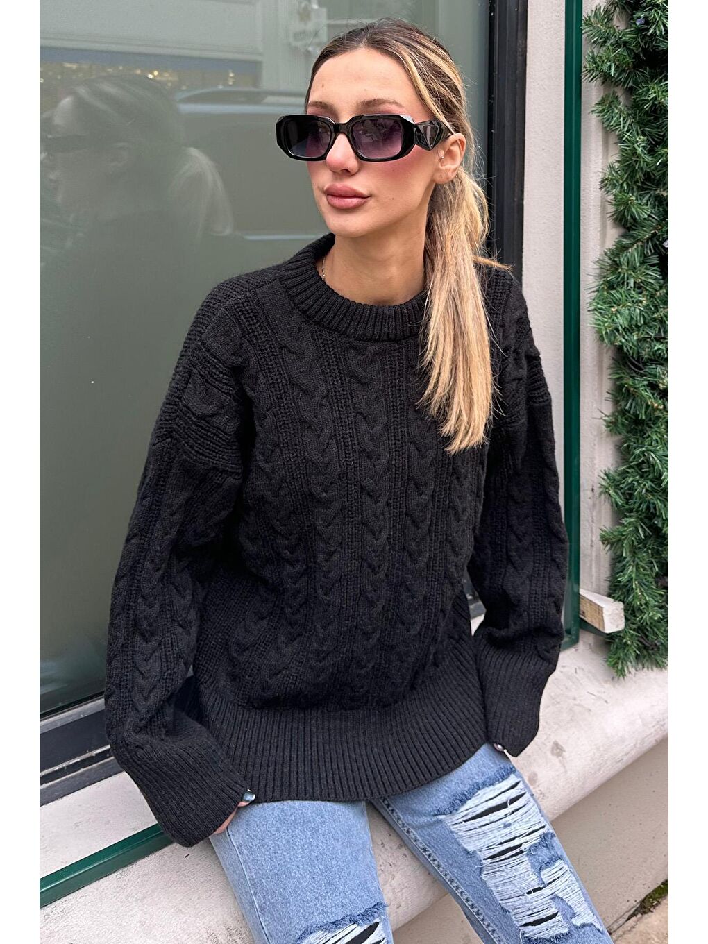 Siyah Bisiklet Yaka Oversize Triko Kazak Mg2009-4