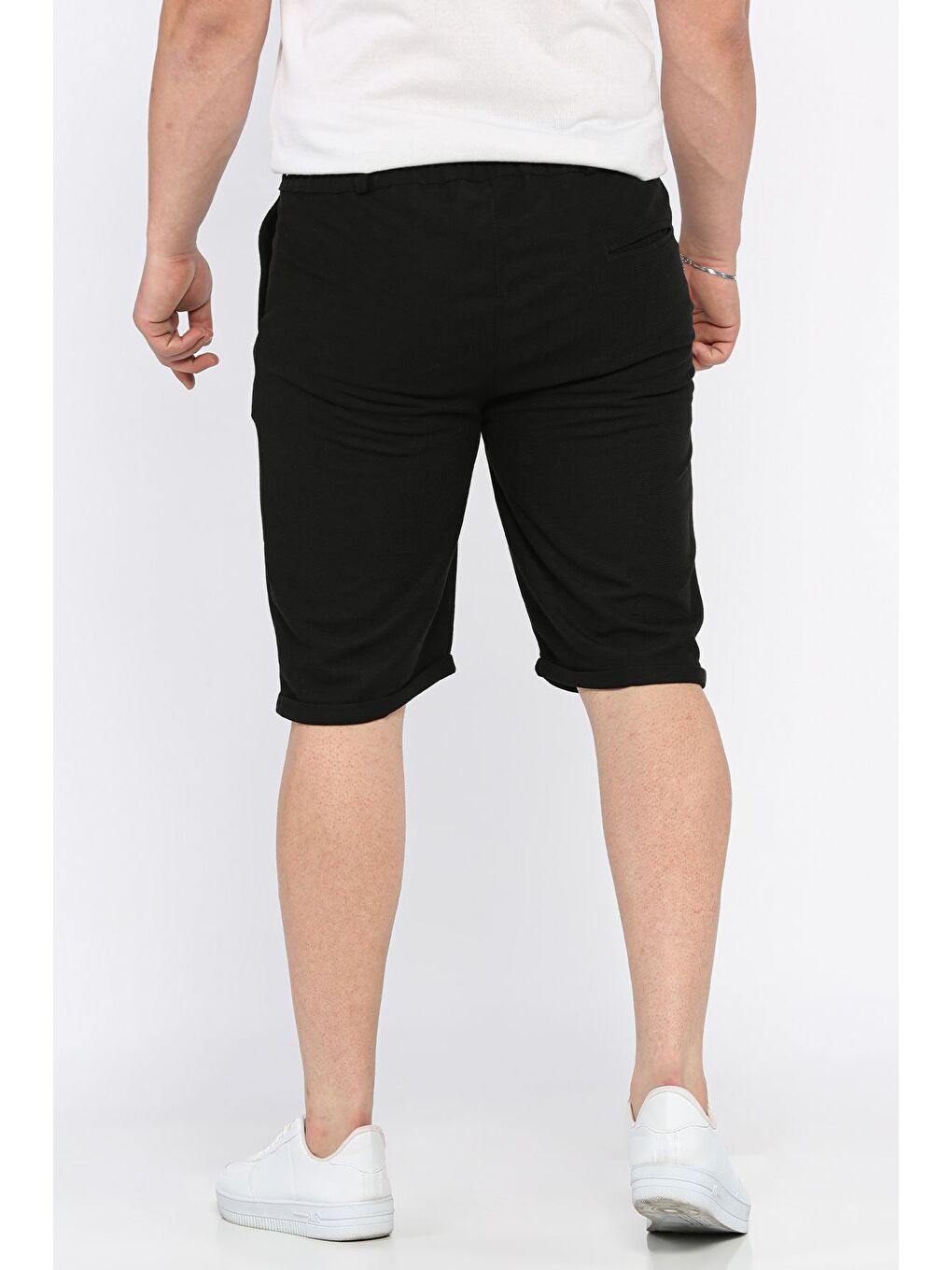 Siyah Erkek Bel Lastikli Ve Bağlamalı Duble Paça Şort-2