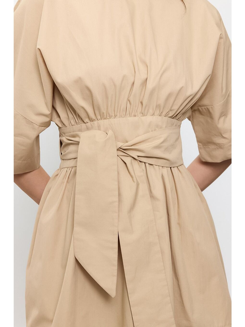 Bej %100 Pamuk Beli Kemerli Mini Elbise-2