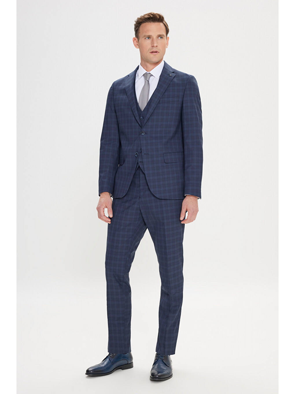 Erkek Lacivert Slim Fit Mono Yaka Kareli Kapak Cepli Yelekli Takım Elbise-3