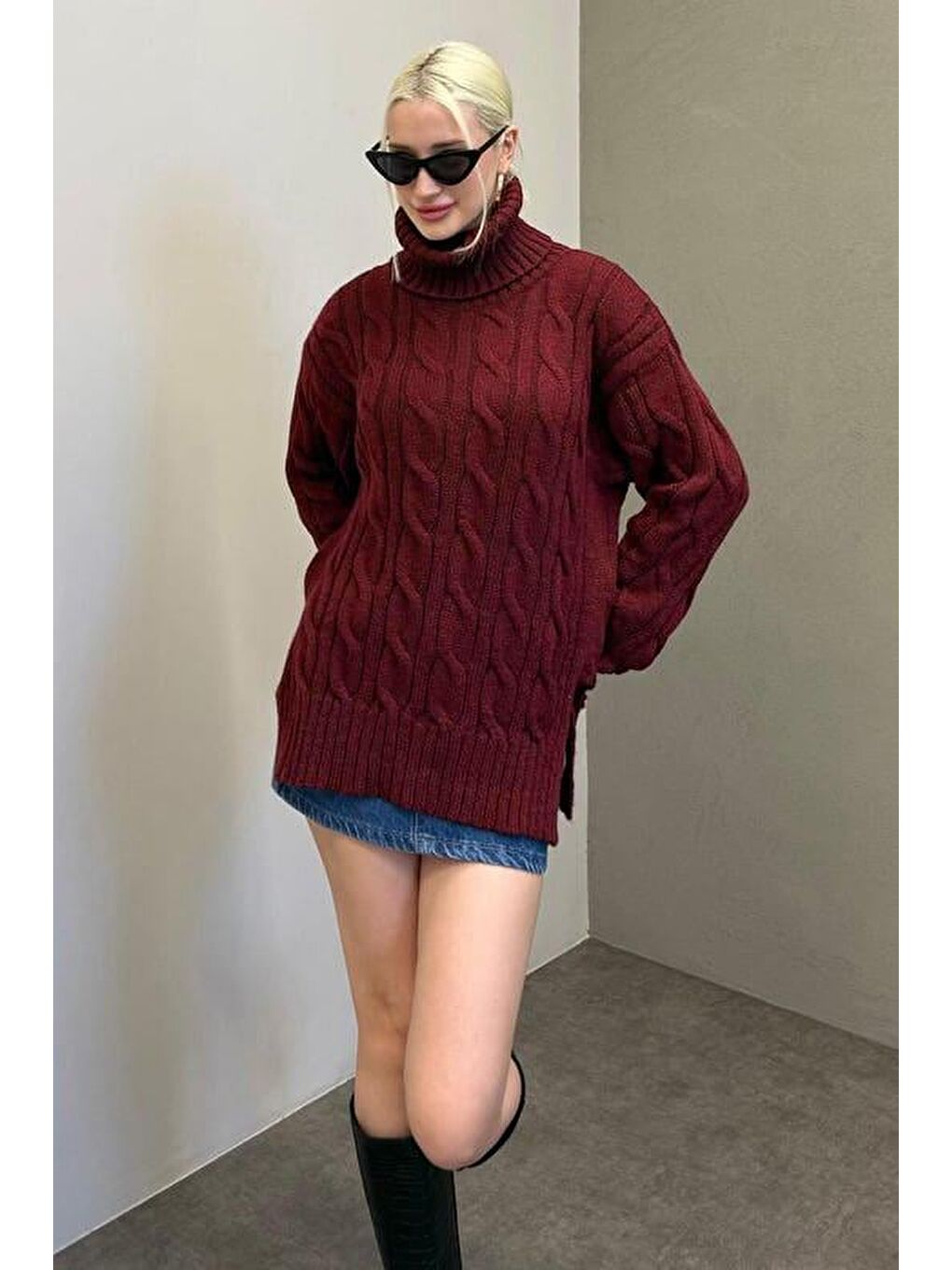 Bordo Boğazlı Triko Kazak Mg2376-1