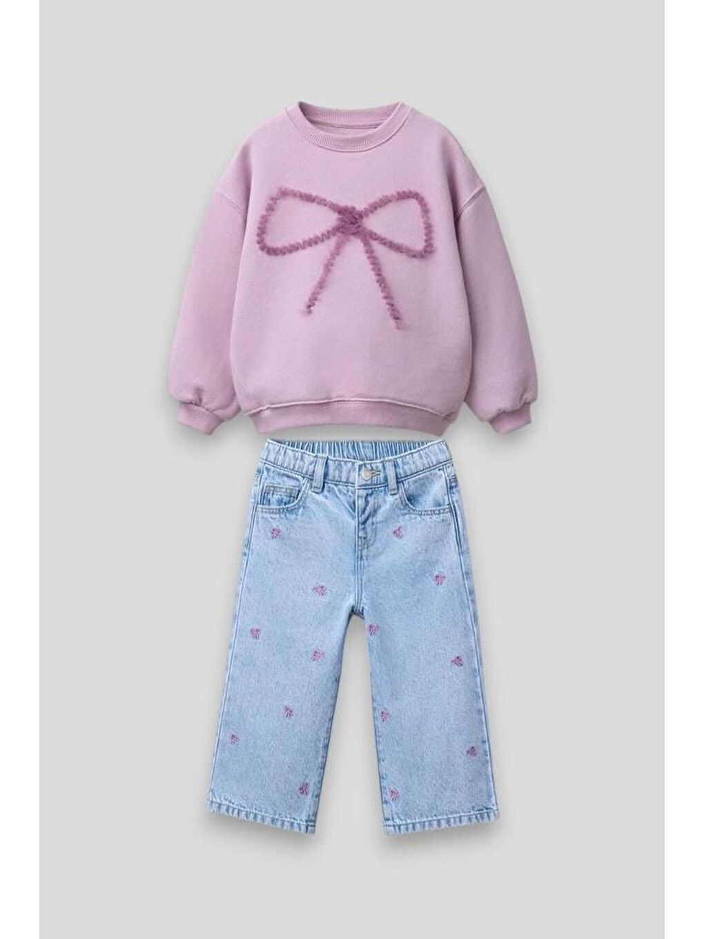Beyaz Kız Çocuk Pamuklu Pembe Fiyonk Nakışlı Sweatshirt Ve Desenli Jean Pantolon Takım