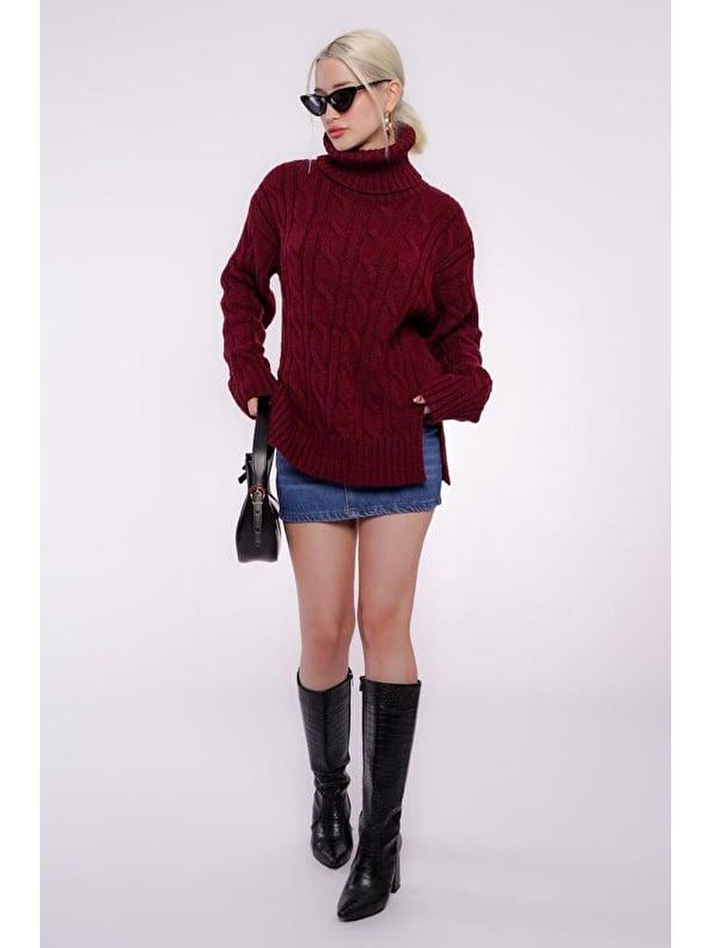 Bordo Boğazlı Triko Kazak Mg2376-3