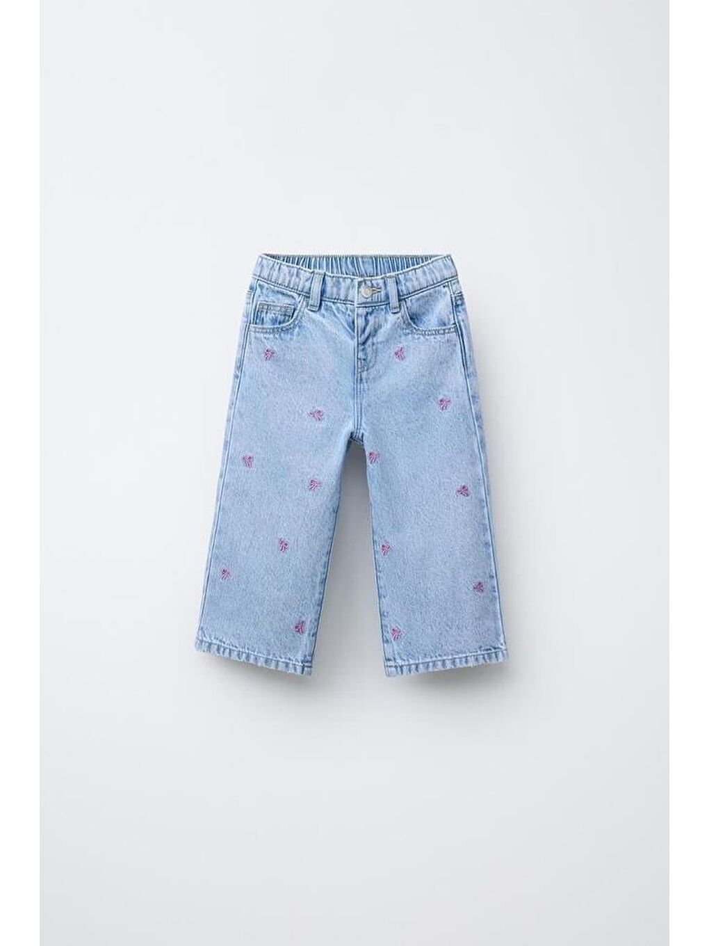 Beyaz Kız Çocuk Pamuklu Pembe Fiyonk Nakışlı Sweatshirt Ve Desenli Jean Pantolon Takım-1