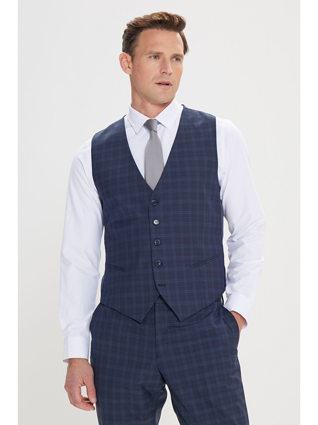 Erkek Lacivert Slim Fit Mono Yaka Kareli Kapak Cepli Yelekli Takım Elbise-4