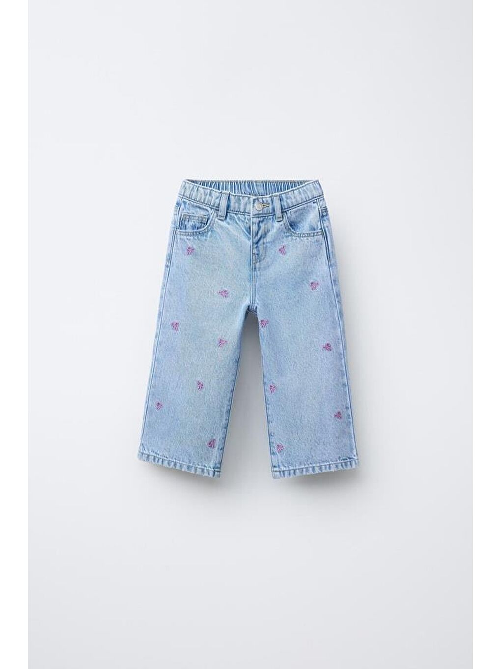 Beyaz Kız Çocuk Pamuklu Pembe Fiyonk Nakışlı Sweatshirt Ve Desenli Jean Pantolon Takım-3