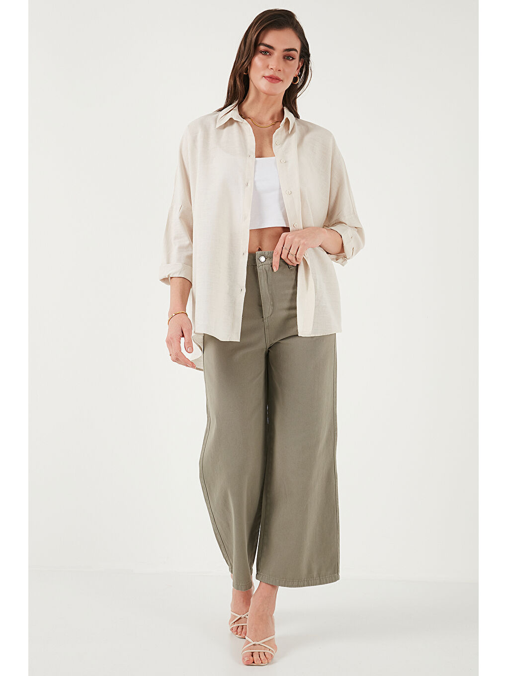 Bej Streç Pamuklu Oversize Fit 2' li Paket Gömlek-Atlet Set 67810014979S2-4