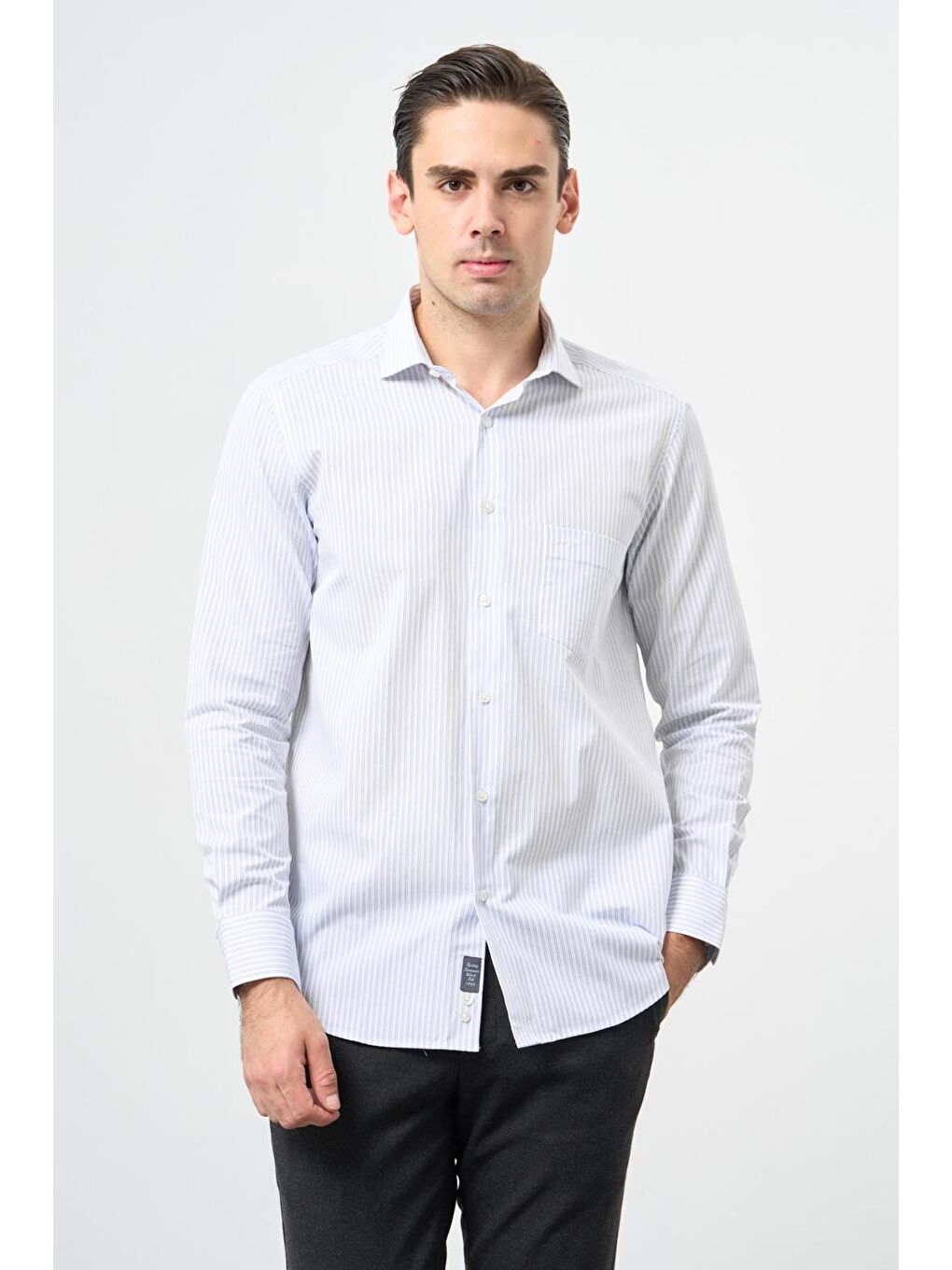 Beyaz Uzun Kol Desen Yarım İtalyan Yaka Cepli Pamuklu Classic Comfort Fit Gömlek 1004245183