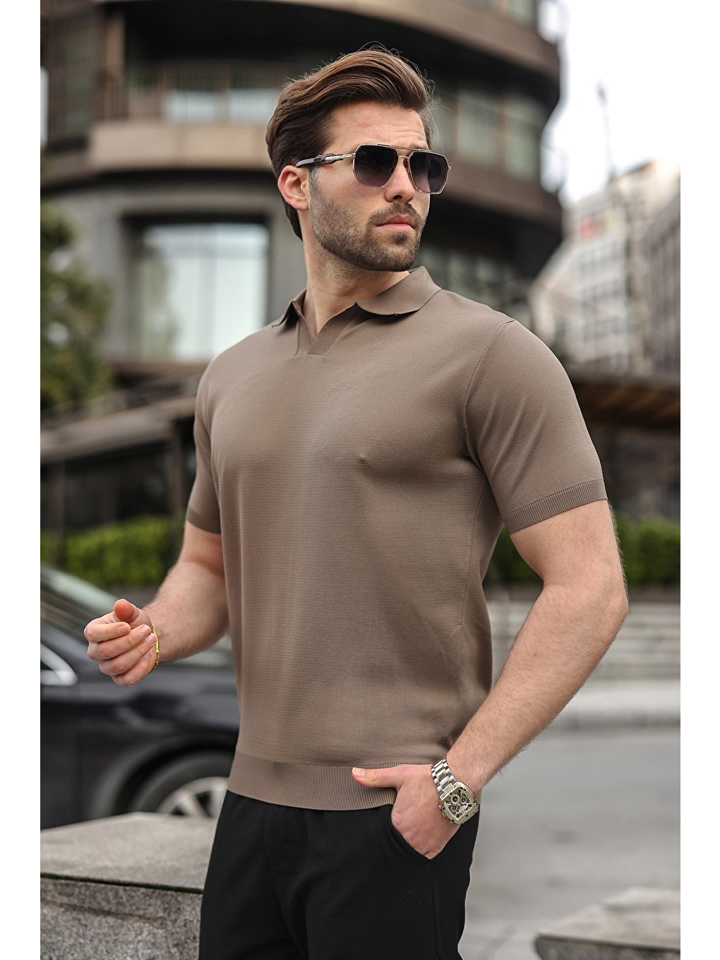 Açık Kahverengi Polo Yaka Triko Kısa Kollu Erkek Tişört E7463