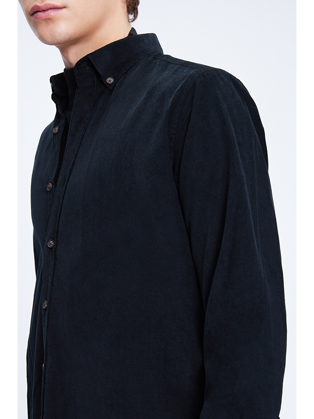 Siyah Slim Fit 100% Pamuklu Düğmeli Yaka Uzun Kollu Klasik Gömlek-3