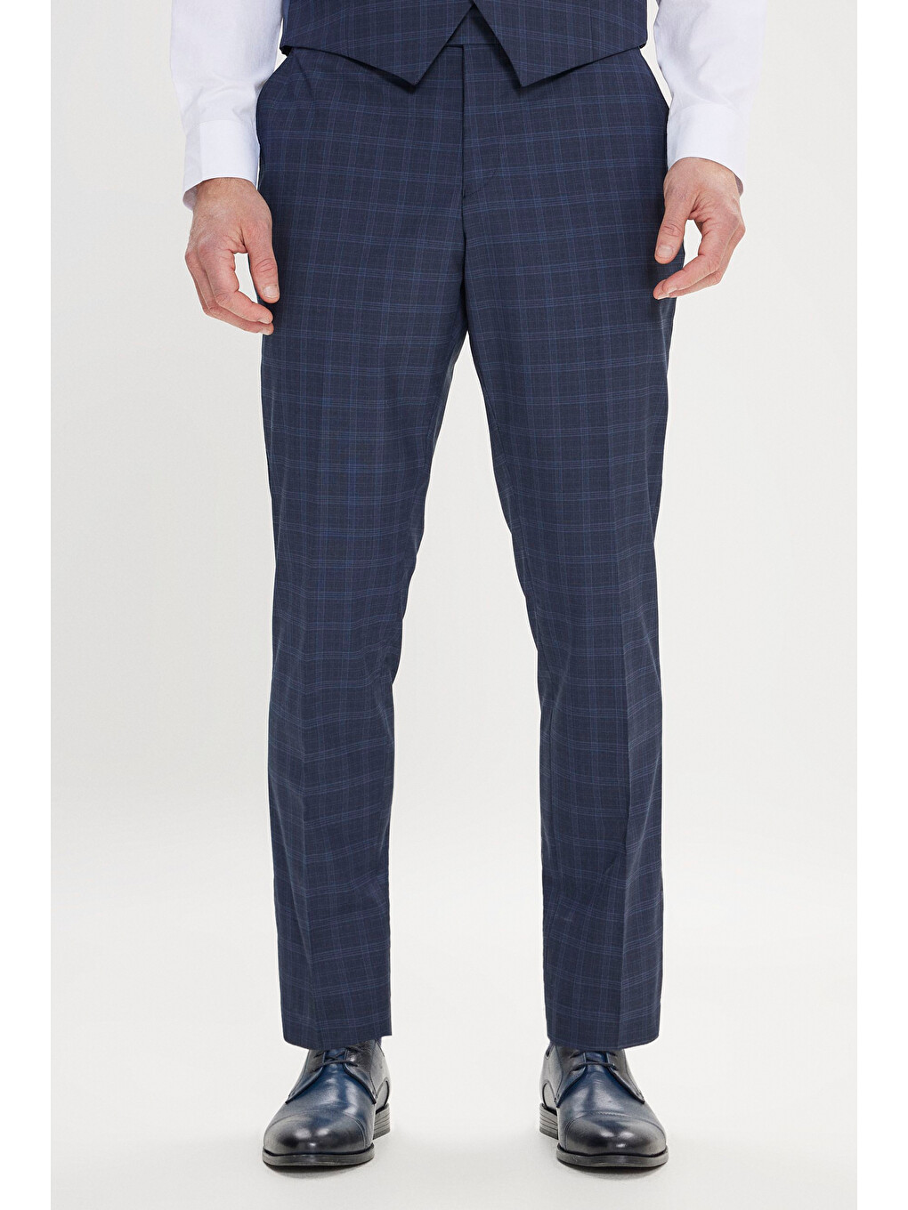 Erkek Lacivert Slim Fit Mono Yaka Kareli Kapak Cepli Yelekli Takım Elbise-6