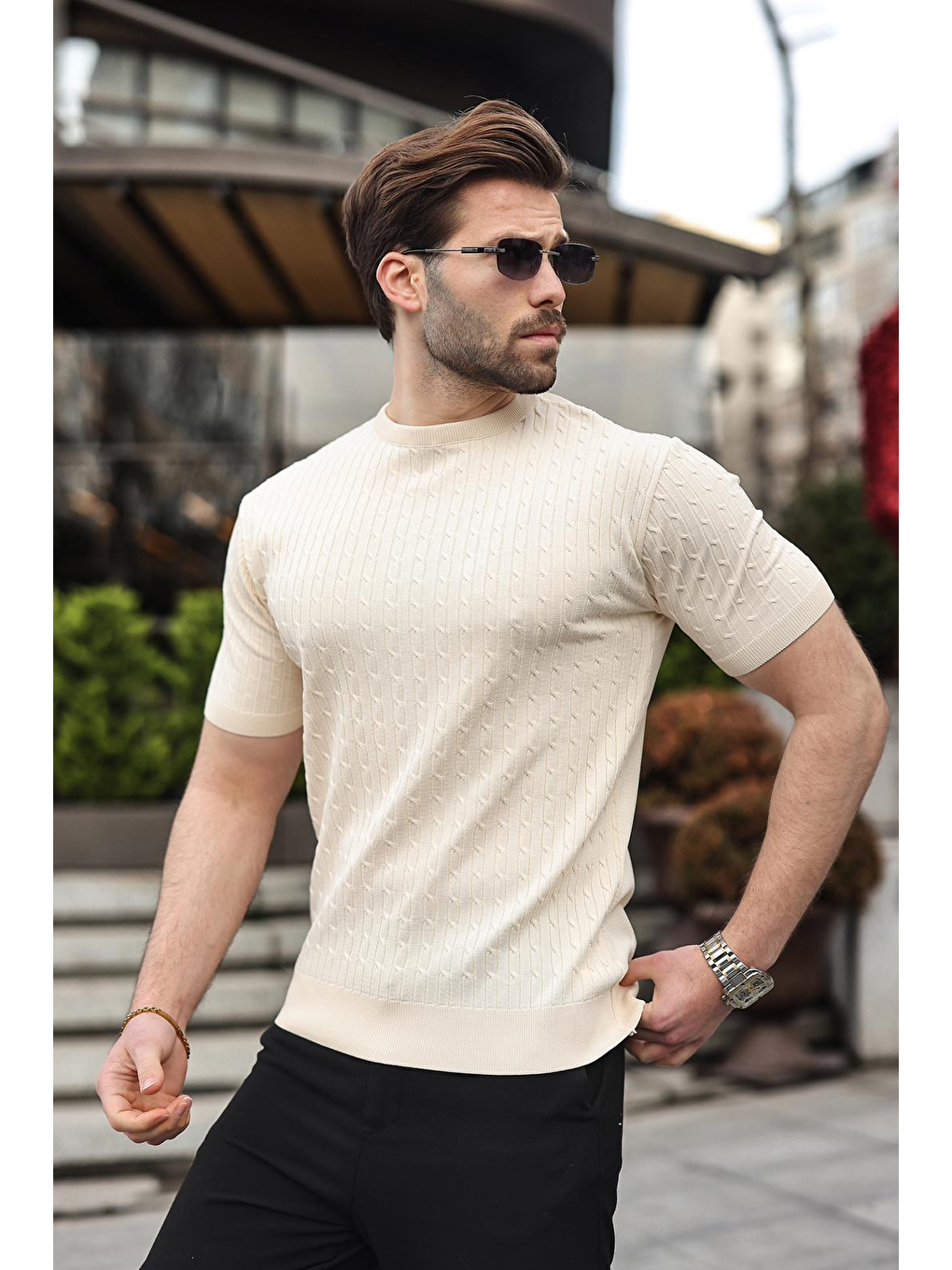 Bej Taş Rengi Bisiklet Yaka Triko Erkek Tişört E7468