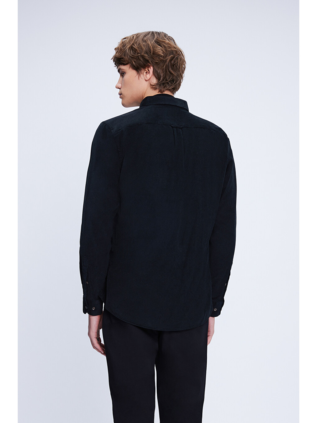Siyah Slim Fit 100% Pamuklu Düğmeli Yaka Uzun Kollu Klasik Gömlek-4