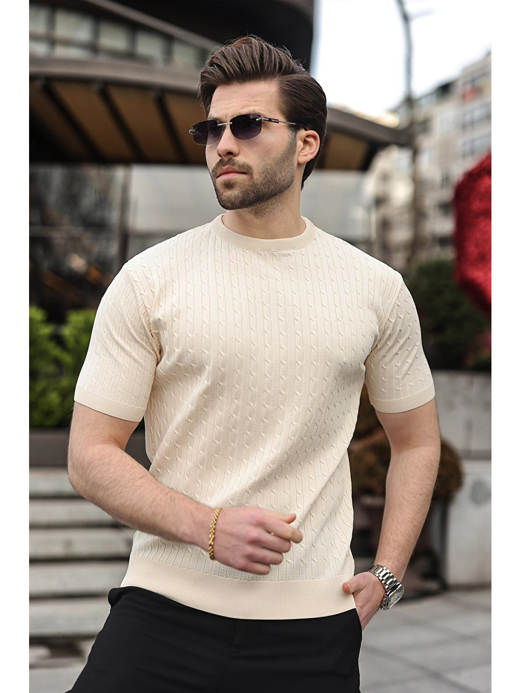 Bej Taş Rengi Bisiklet Yaka Triko Erkek Tişört E7468-1